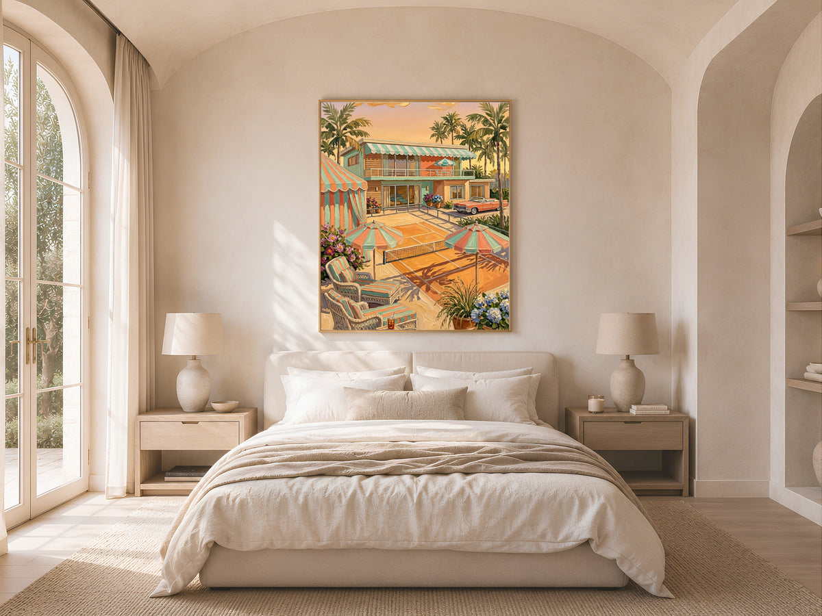 Retro Palm Springs Tennis Wall Art, Pastel Mid-Century Pool House Print - Digital Download