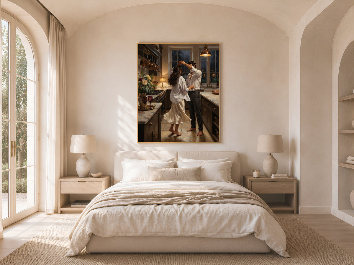 Couple Dancing Kitchen Painting, Romantic Rainy Night Wall Art - Digital Download