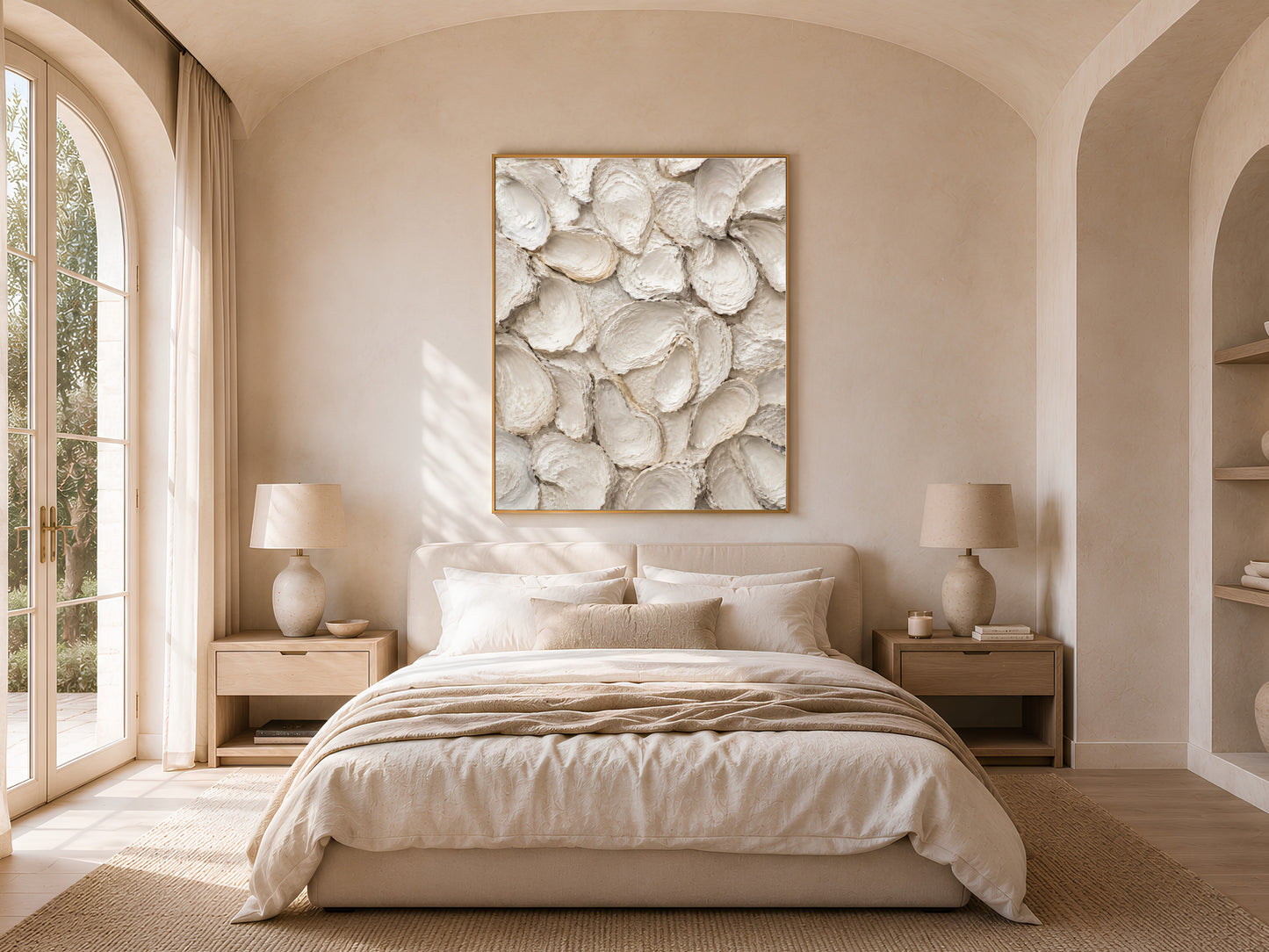 Warm coastal bedroom with arched French doors, neutral linen bedding, and a framed oyster shell print above the headboard.