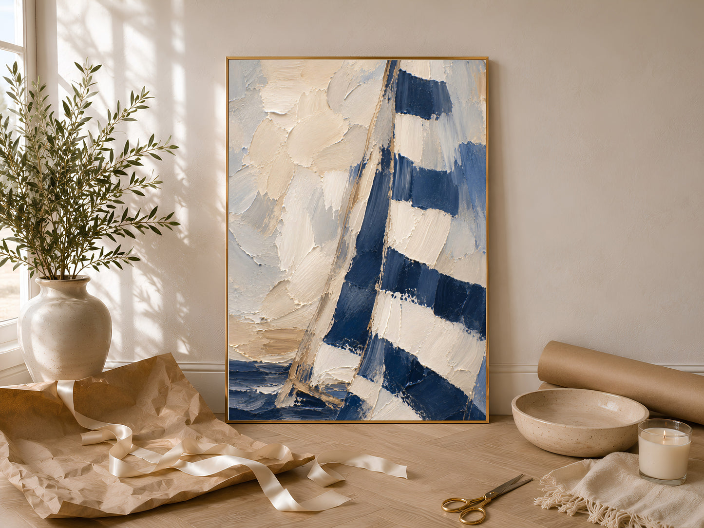 Navy sailboat wall art print leaning against a wall beside styled decor and greenery
