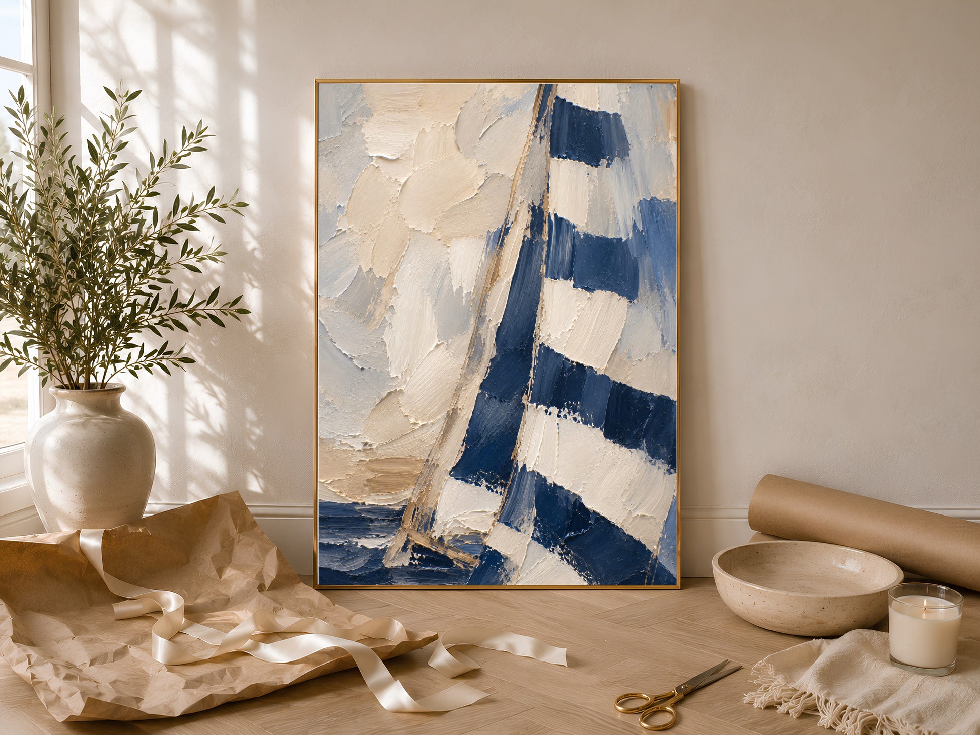 Navy sailboat wall art print leaning against a wall beside styled decor and greenery