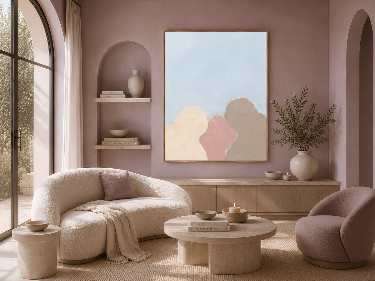 Minimalist Abstract Tree Painting, Pastel Organic Shapes Wall Art, Dusty Pink Taupe Print, Sky Blue Scandi Decor, Impasto, Instant Download