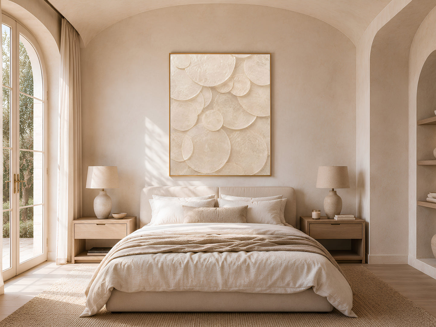 Ivory capiz shell mosaic print in a gold frame above a bed in a bright, arched-window bedroom
