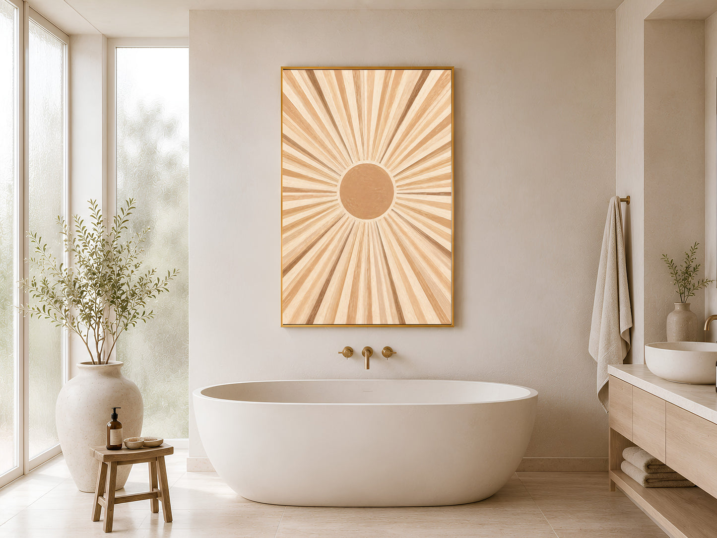 Framed impasto sunburst print on white wall in minimal bathroom beside freestanding soaking tub and wooden stool
