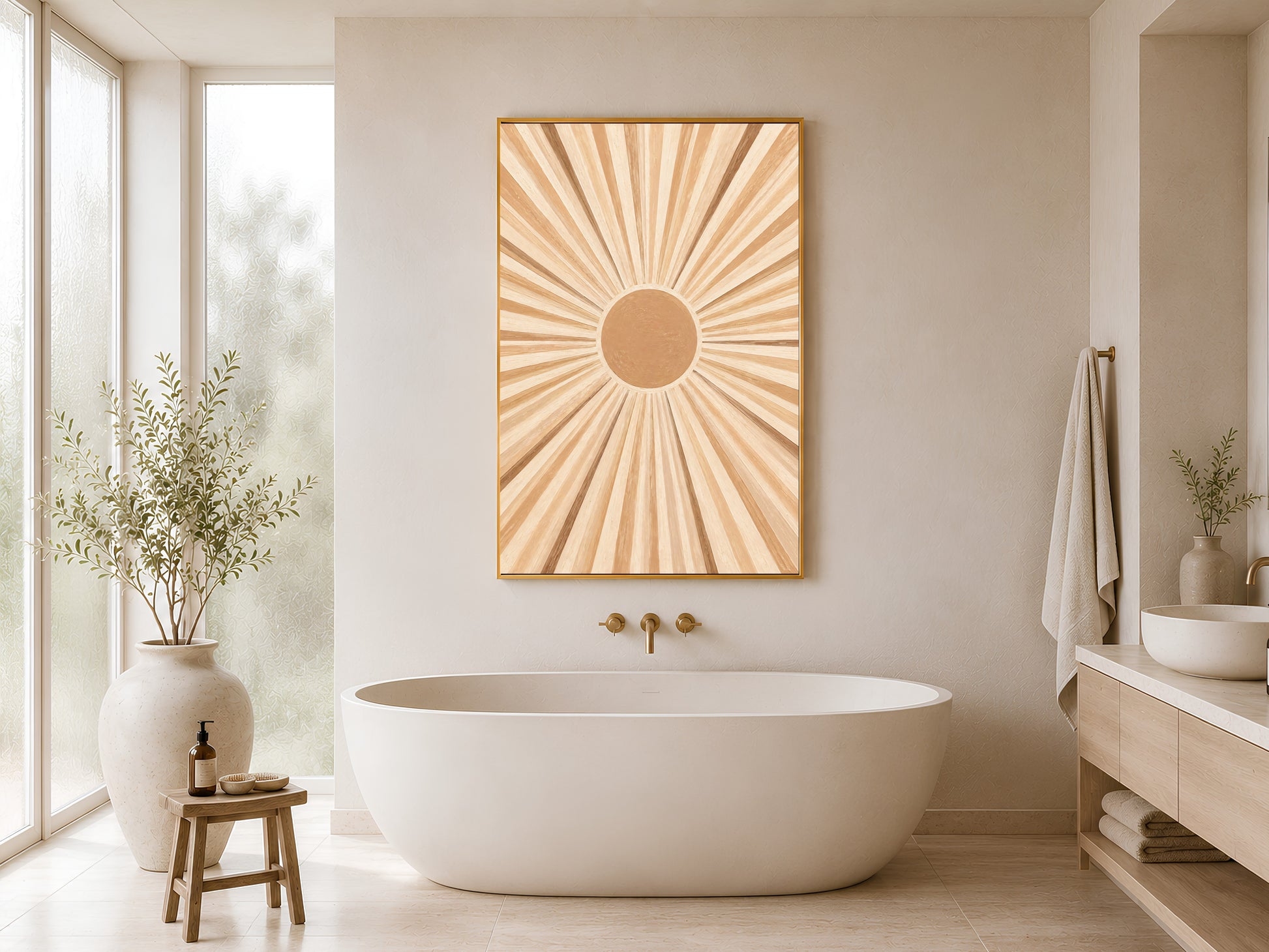 Framed impasto sunburst print on white wall in minimal bathroom beside freestanding soaking tub and wooden stool
