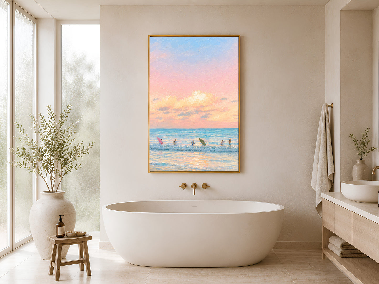 Framed impasto pastel sunset surf print on warm white wall in minimal bathroom beside freestanding soaking tub and tall window
