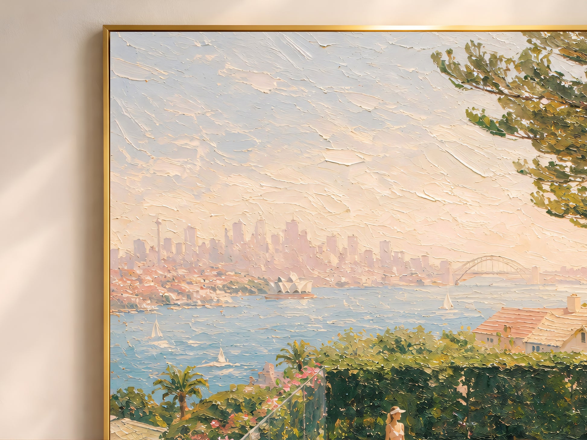 Close-up of aerial tennis court impasto oil painting showing pink figures, green court, and coastal skyline