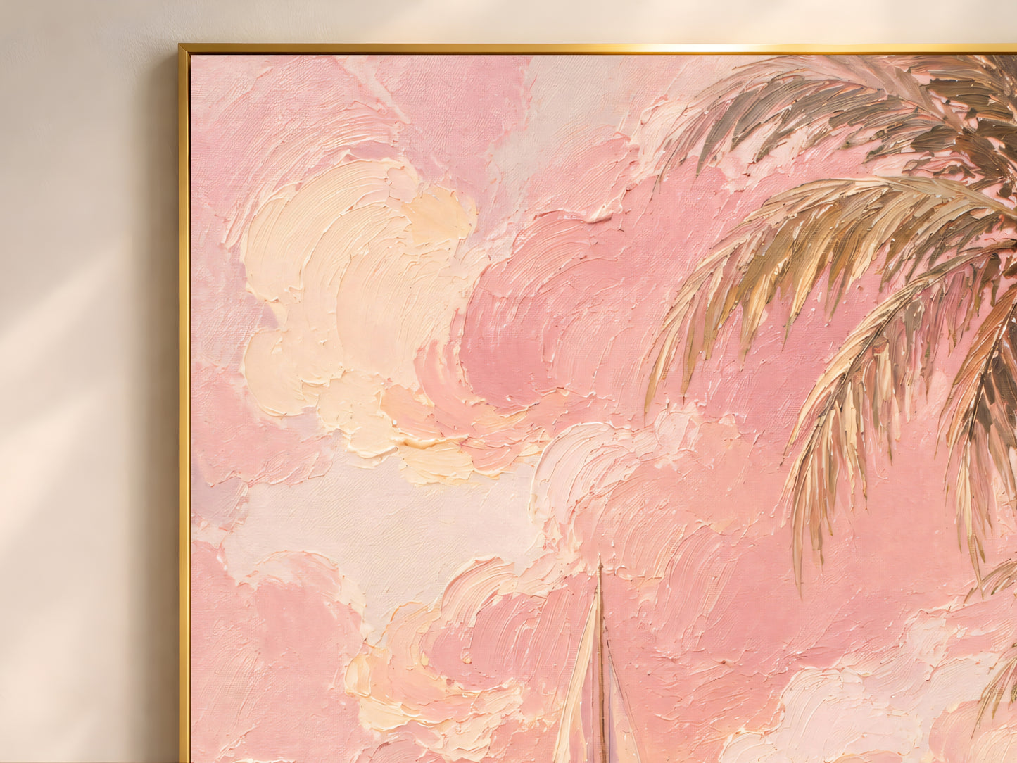 Close-up of pink sailboat impasto oil painting showing blush palm trees, textured sky, and white sails on a pastel sea