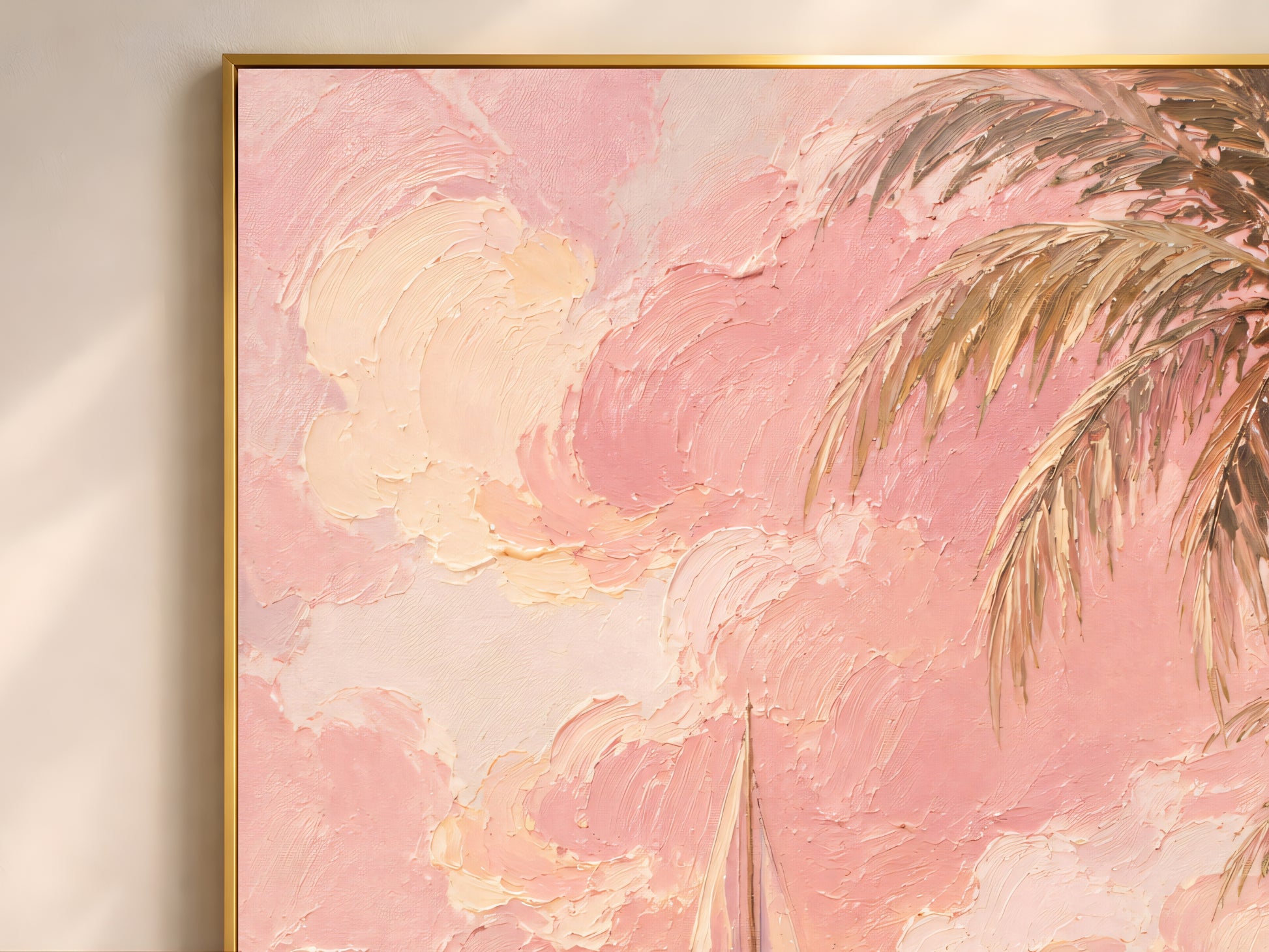 Close-up of pink sailboat impasto oil painting showing blush palm trees, textured sky, and white sails on a pastel sea