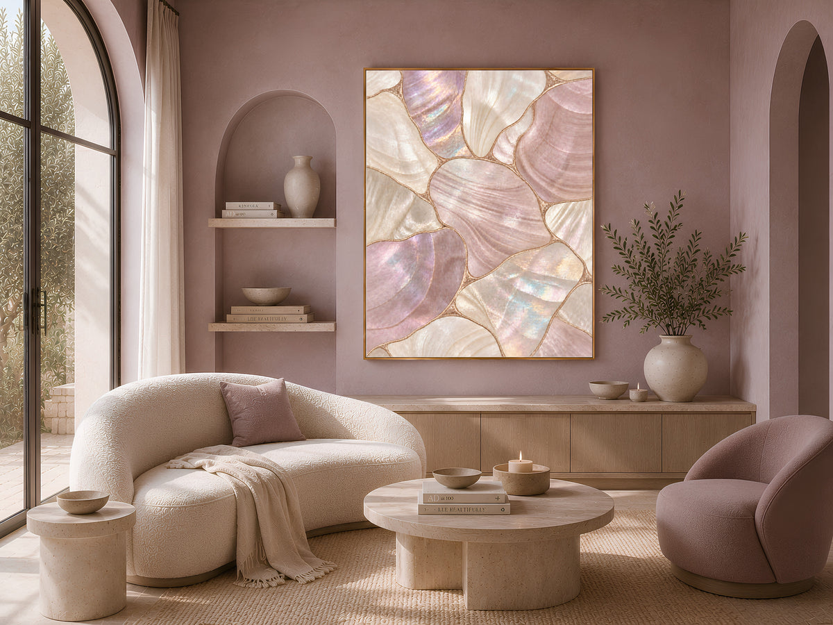 Dusty Rose Mother of Pearl Wall Art, Mauve Shell Mosaic Print, Copper Gold Lines, Romantic Bedroom Decor, Glam Poster, Instant Download