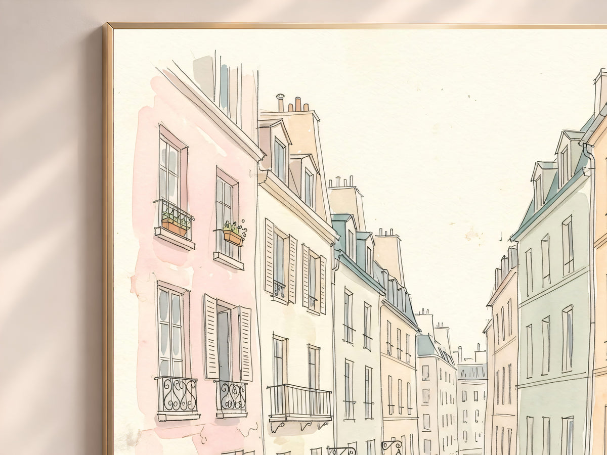 Paris Street Watercolor Print, Pastel Parisian Cafe Scene, French Wall Art, Printable Digital Download