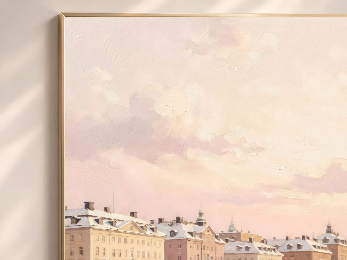 Snowy Winter City Painting Print, Pastel European Waterfront Art, Soft Pink Winter Wall Art, Printable Digital Download