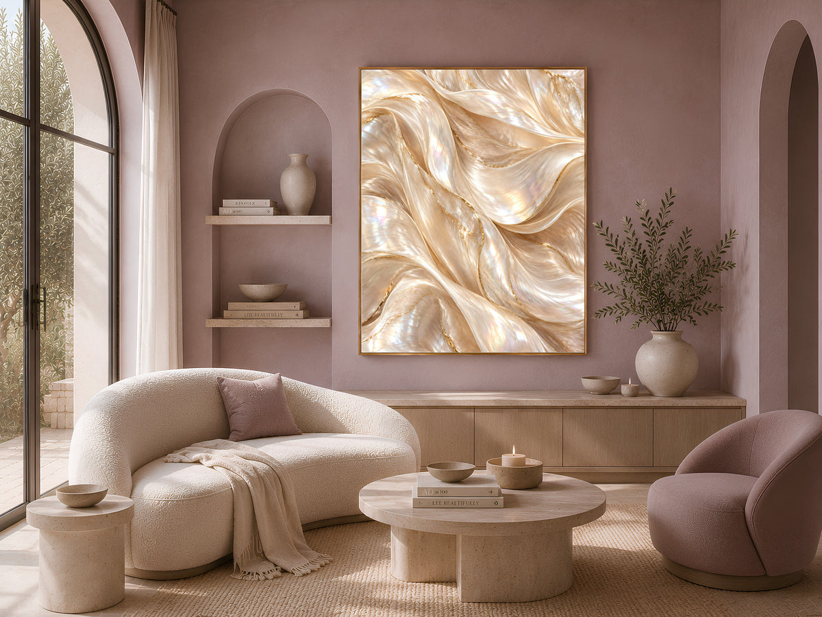 Pearl Abstract Wall Art, Champagne Gold Wave Print, Neutral Iridescent Swirl, Cream Living Room Decor, Above Sofa Poster, Instant Download