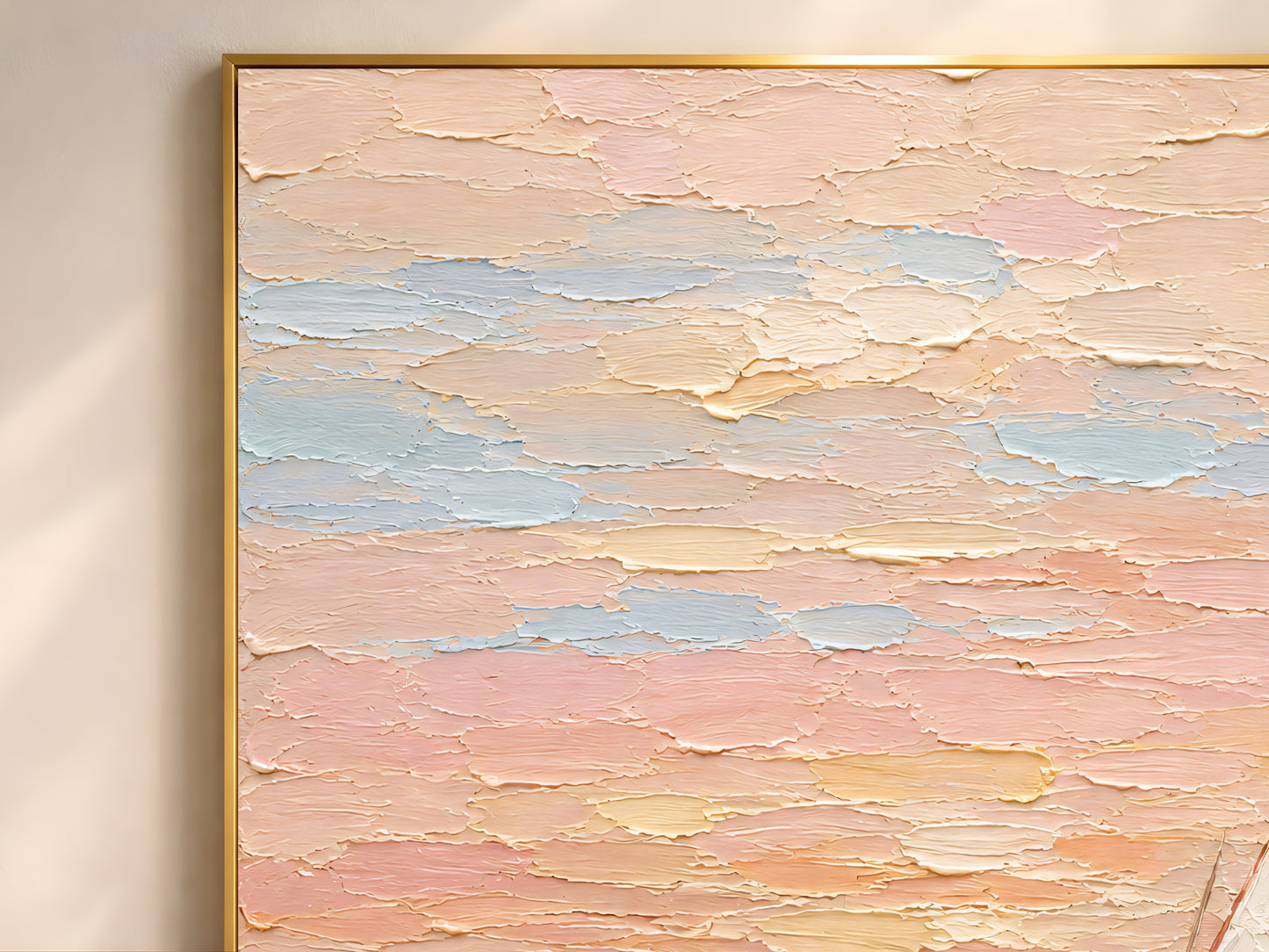 Close-up of impasto texture on pastel sailboat sunset painting showing thick palette knife strokes in blush pink, peach, mint, teal, and butter yellow
