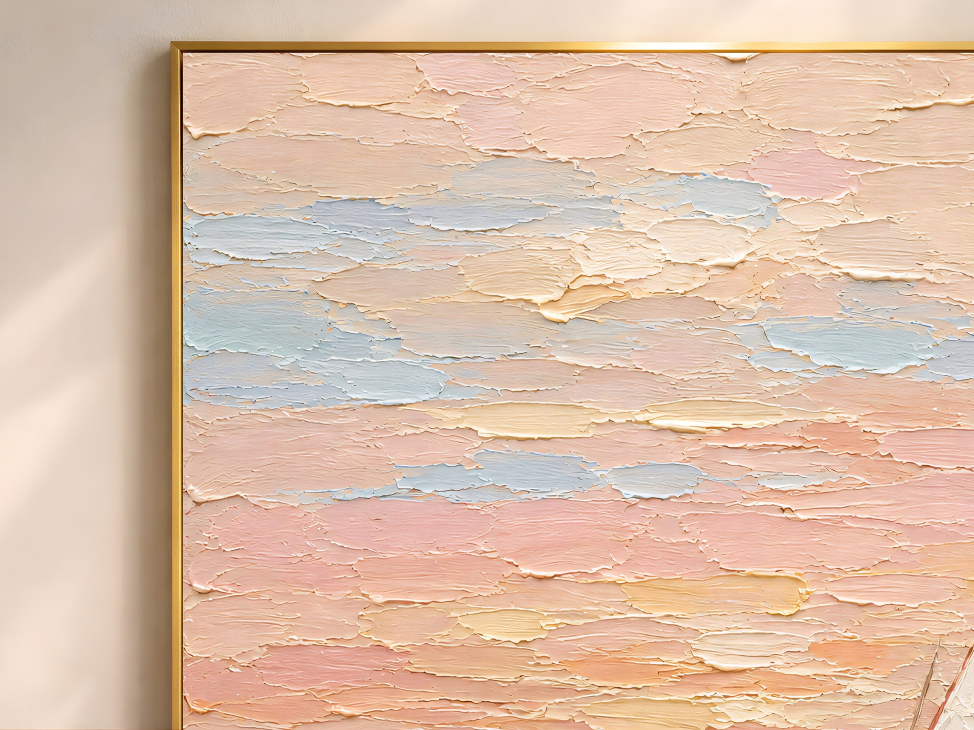 Close-up of impasto texture on pastel sailboat sunset painting showing thick palette knife strokes in blush pink, peach, mint, teal, and butter yellow
