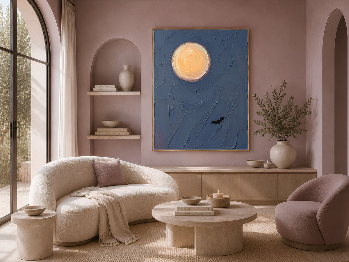 Moon and Bat Wall Art, Impasto Oil Painting Print - Digital Download