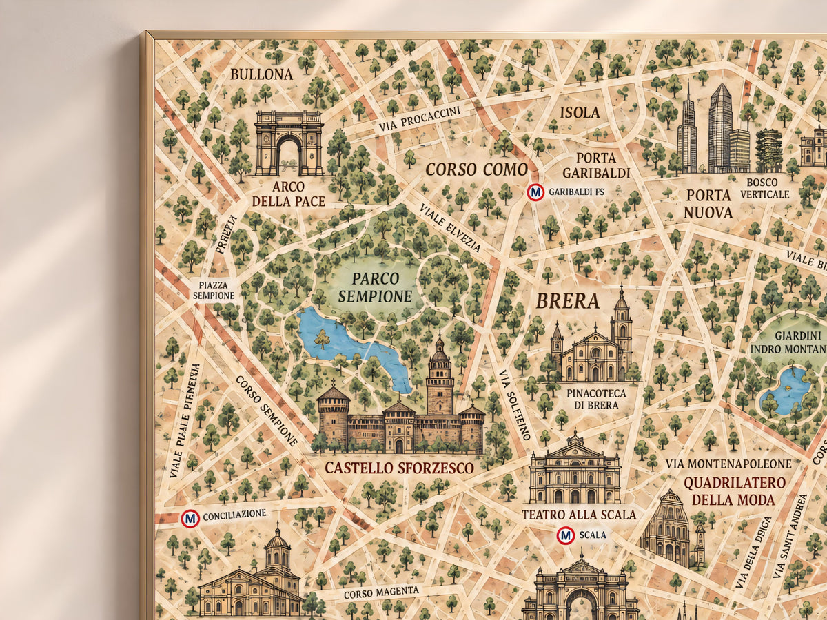 Milan Map Wall Art, Illustrated City Map Print - Digital Download