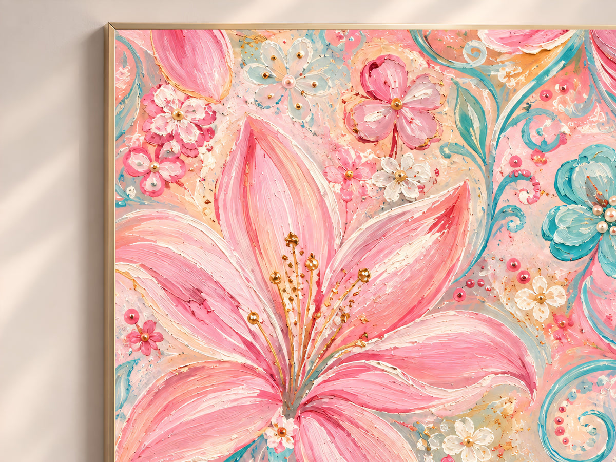 Pink Floral Wall Art, Pastel Lily and Lotus Painting, Pink and Teal Impasto Style Flower Print, Printable Digital Download