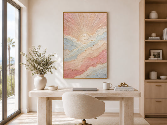 Pastel sun wall art print above home office desk, boho impasto sunrise painting digital download
