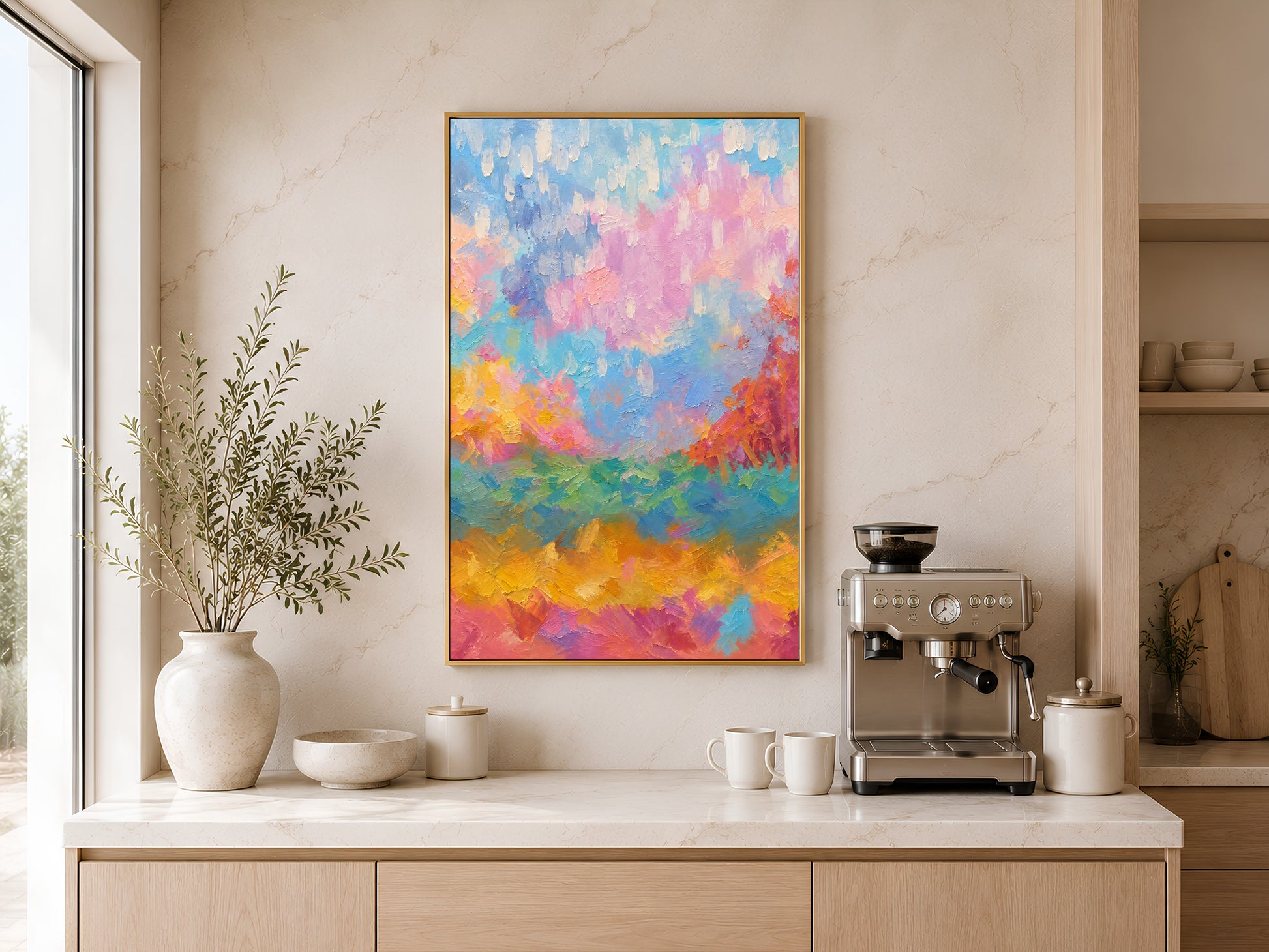 Rainbow abstract landscape wall art above home coffee bar with espresso machine and vase
