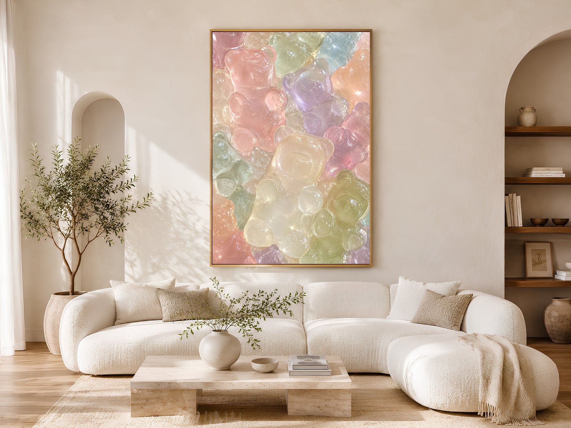 Pink Glass Bear Wall Art in Minimalist Living Room, Contemporary Pastel Decor Digital Download