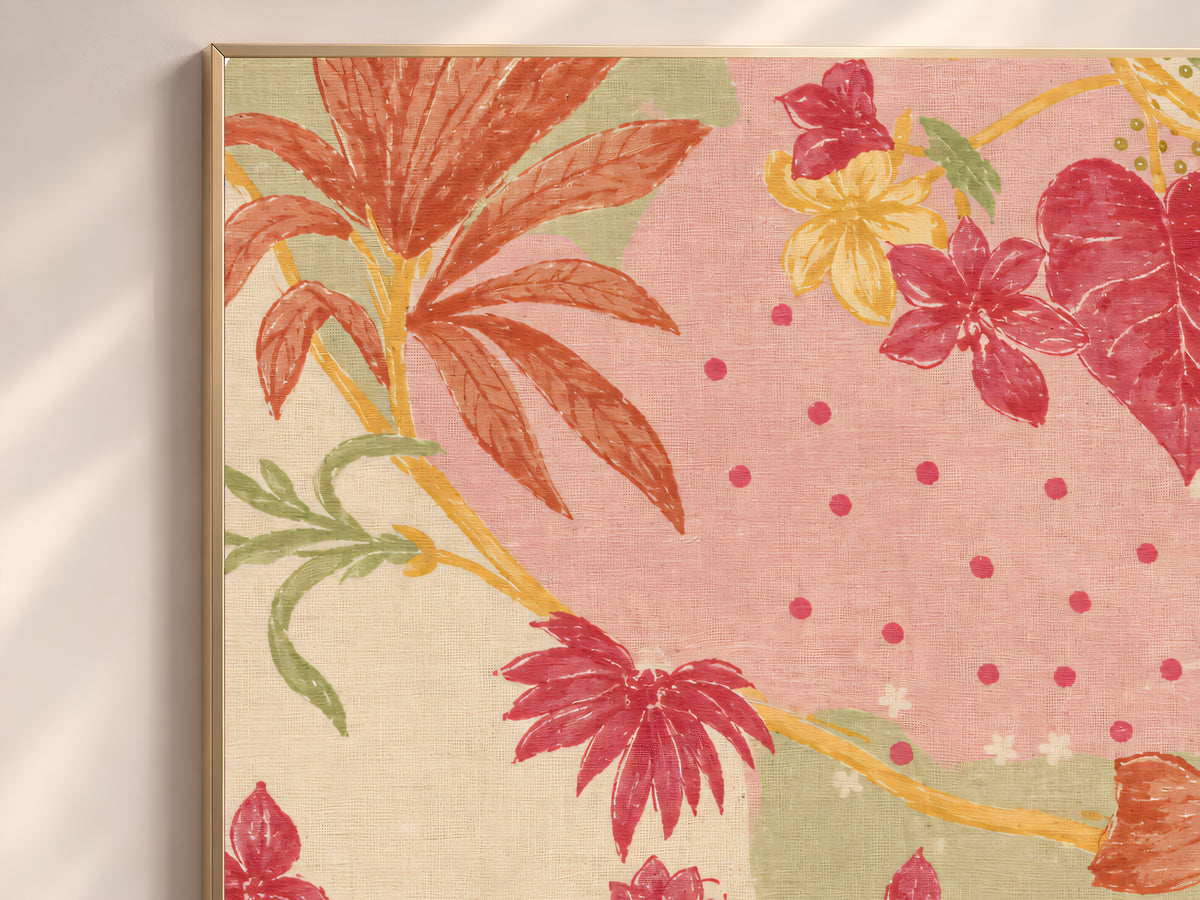 Pink and Green Block Print Style Floral Art, Vintage Linen Textile Flower Print, Grandmillennial Botanical Wall Art, Printable Download