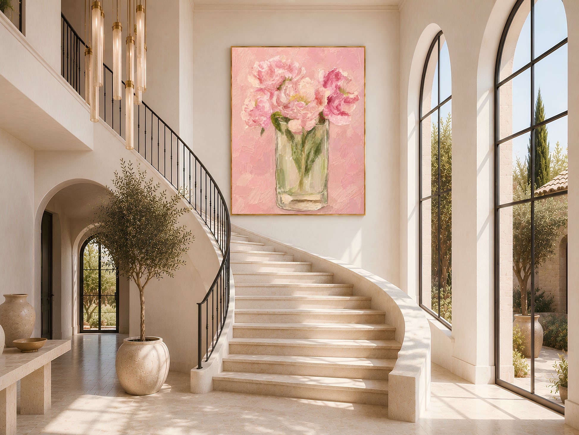 Peony wall art in gold frame at the top of a curved staircase entryway
