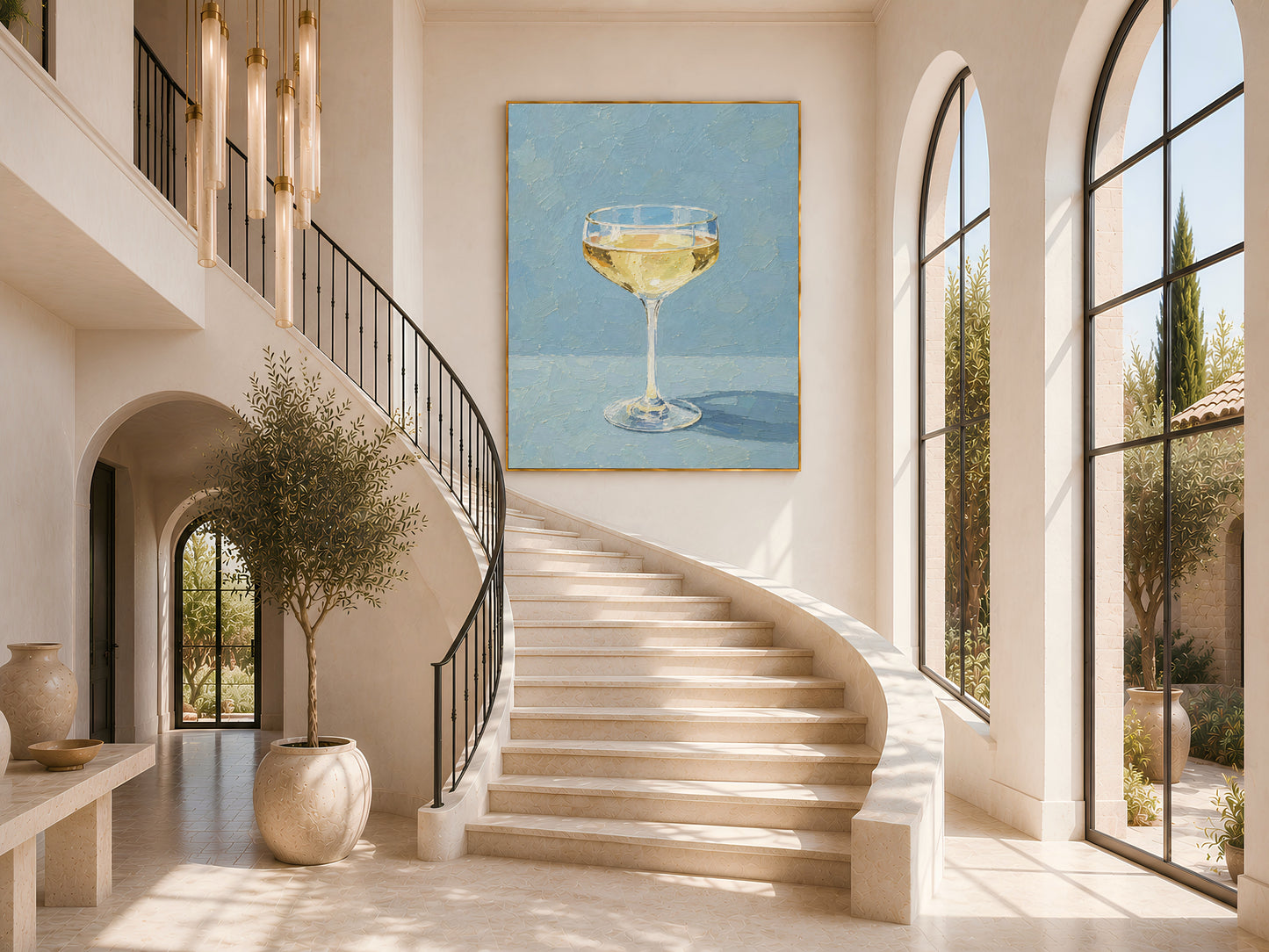 Champagne coupe print in gold frame at the base of a curved staircase


