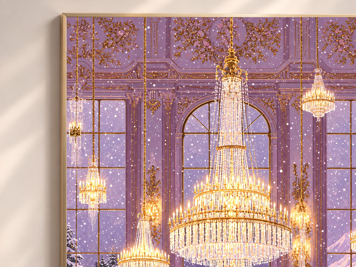 Winter Ballroom Wall Art, Lavender Chandelier Painting, Snowy Holiday Ball Print, Elegant Purple Decor, Printable Digital Download
