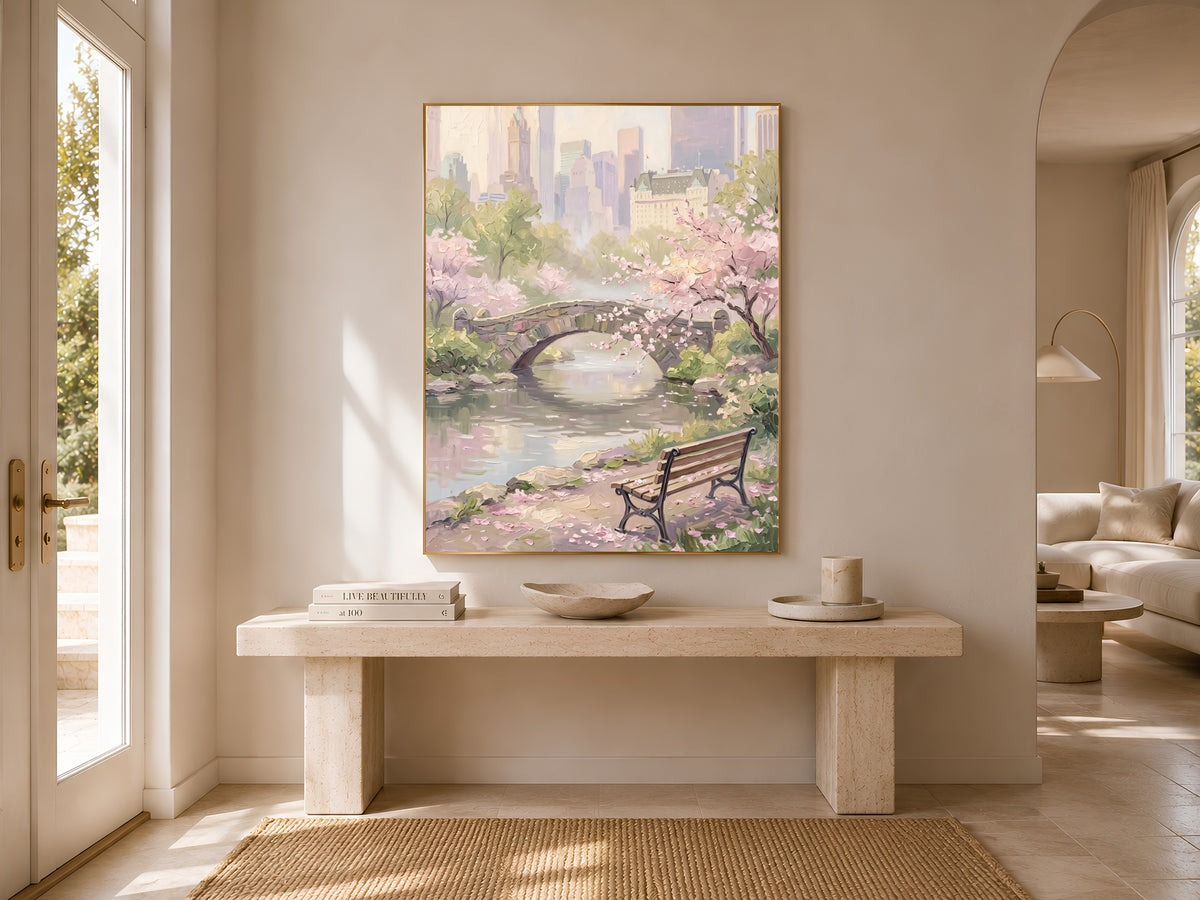 Central Park Cherry Blossom Print, Gapstow Bridge NYC Spring Wall Art - Digital Download