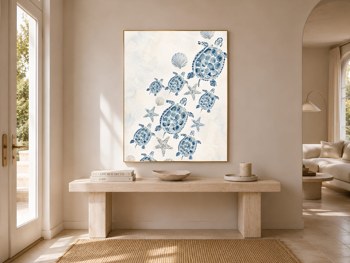 Sea Turtle Nursery Wall Art, Watercolor Blue Coastal Print - Digital Download