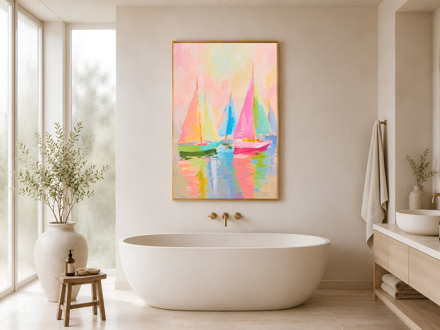Framed impasto pastel sailboat print on white wall in minimal bathroom with freestanding soaking tub and tall window
