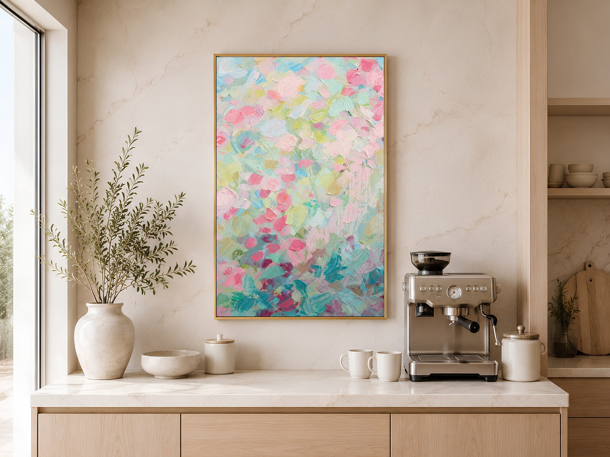 Pastel floral impasto wall art above home coffee bar with espresso machine and vase
