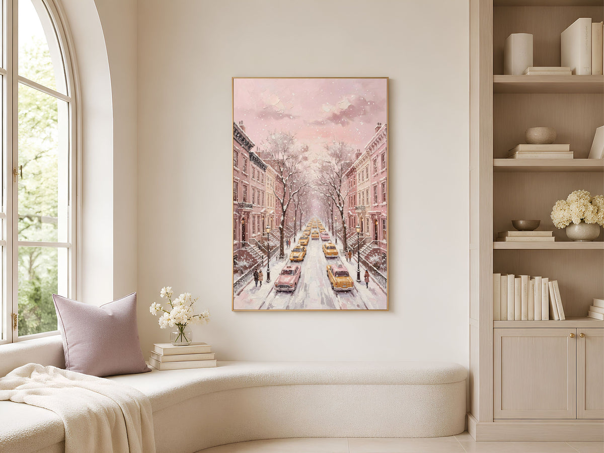 Pink NYC Taxi Wall Art, Snowy New York Street Print - Digital Download
