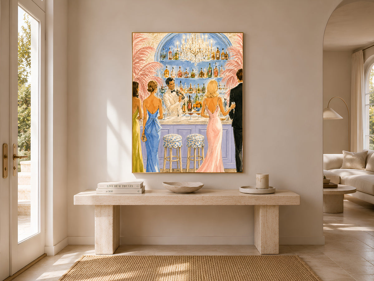 Riviera Cocktail Bar Wall Art, Preppy Pink Watercolor Print - Digital Download
