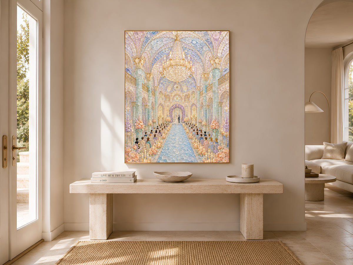 Pastel Wedding Chapel Wall Art, Whimsical Mosaic Cathedral Print - Digital Download