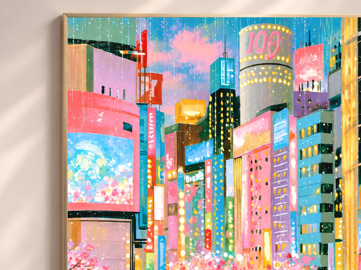 Tokyo Rain Cherry Blossom Wall Art, Pastel Shibuya Street Painting, Pink Japan City Print, Printable Digital Download