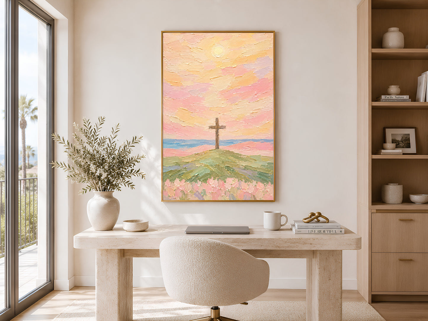 Christian cross wall art print framed near a window in a bright home office with wood furniture.

