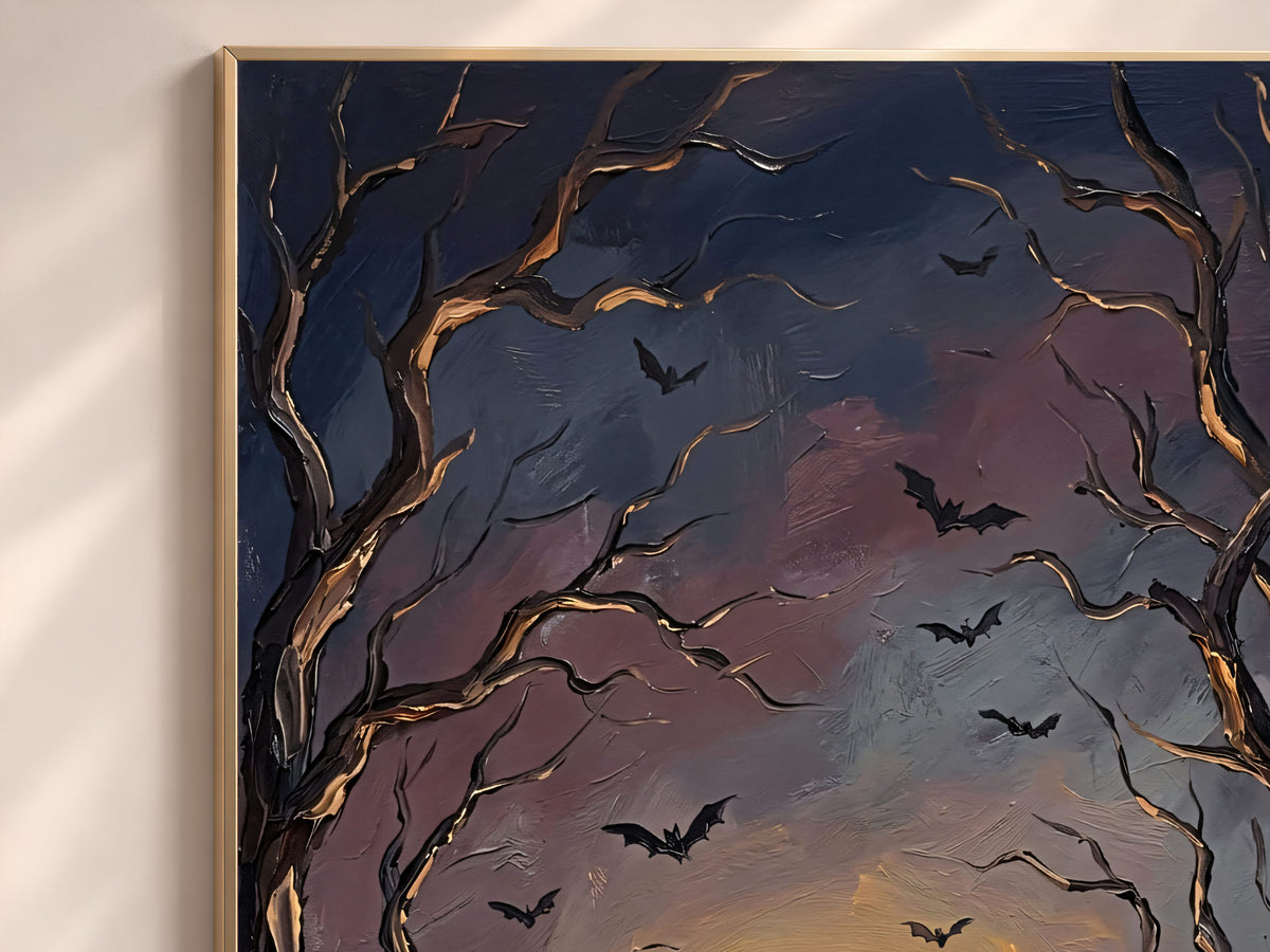 Moon and Bats Wall Art, Impasto Oil Painting Print - Digital Download