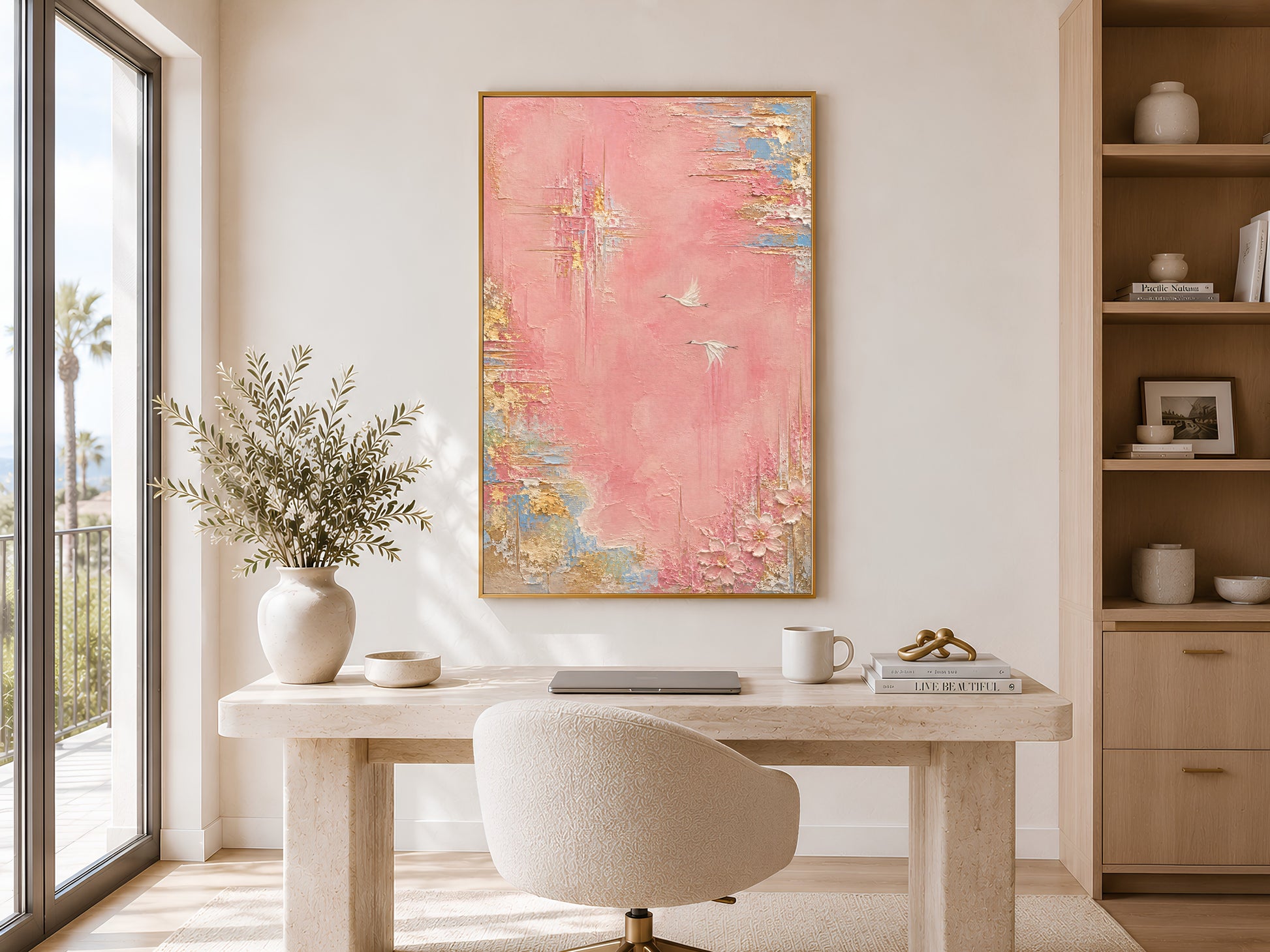Pink and gold abstract wall art print above home office desk, textured crane bird painting digital download

