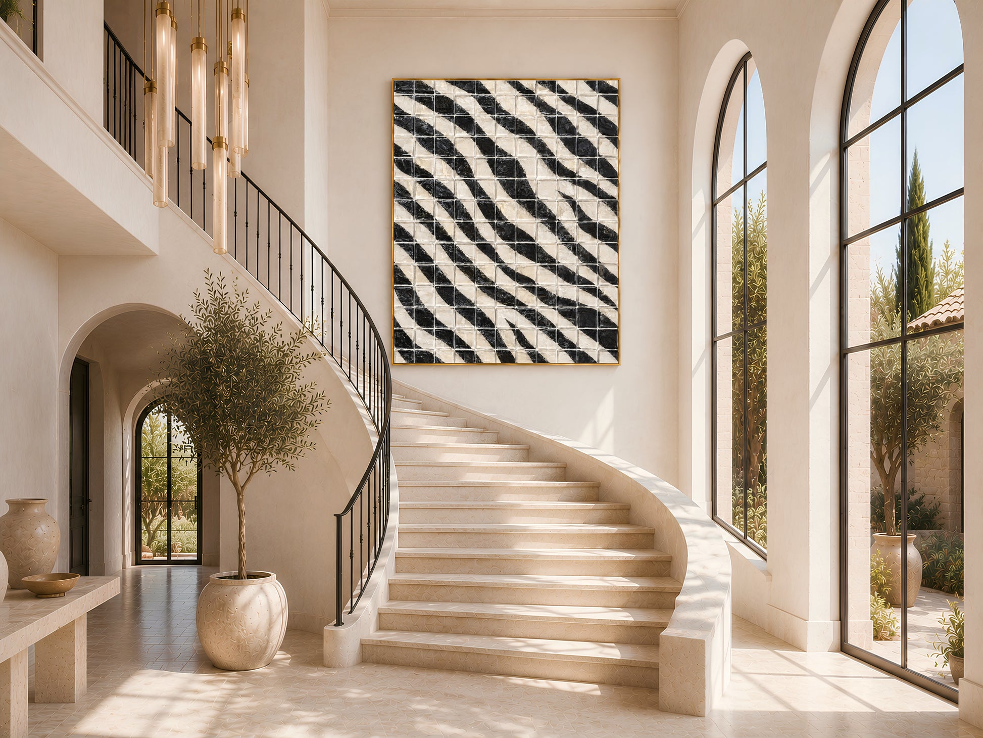 Black and white diagonal stripe mosaic tile wall art in a gold frame on a curved staircase landing with tall ceramic vases and olive tree in warm natural light