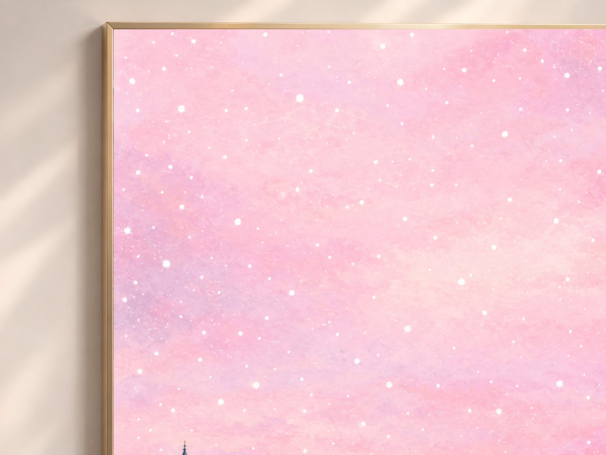 Pink Christmas Town Painting, Snowy City Christmas Tree Print, Pastel Winter Skyline Wall Art, Holiday Decor, Printable Digital Download