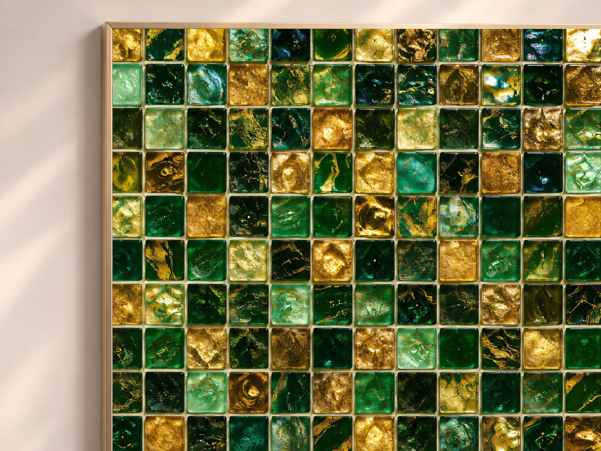 Emerald Mosaic Wall Art, Gold Glass Tile Print - Digital Download