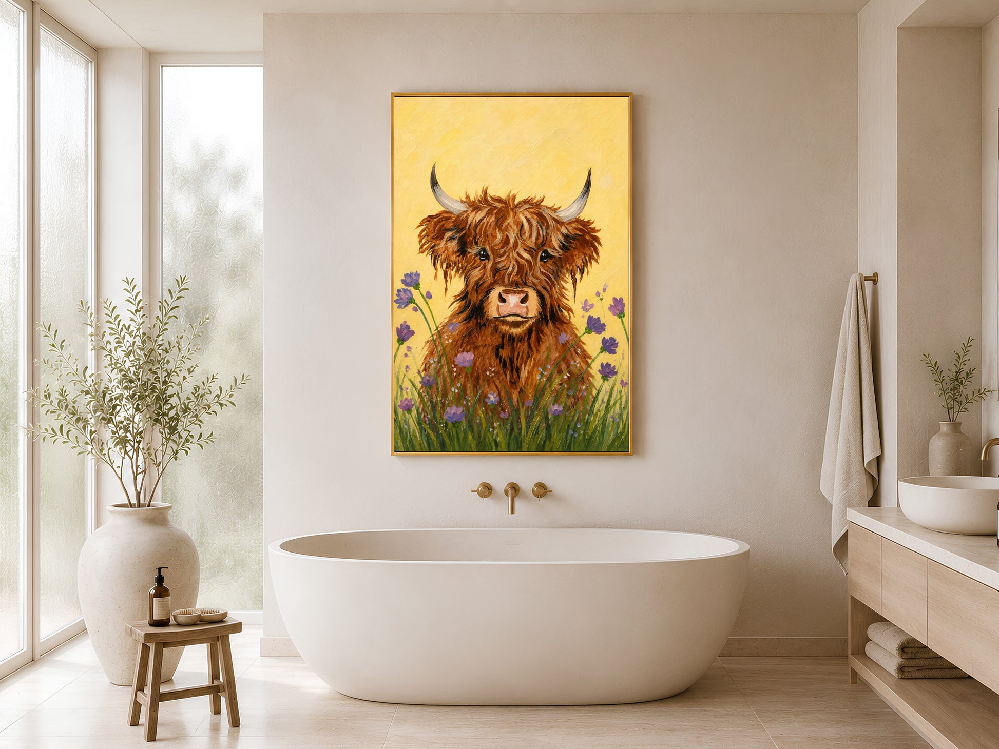 Framed impasto baby highland cow print on white wall in minimal bathroom beside freestanding soaking tub and wooden stool

