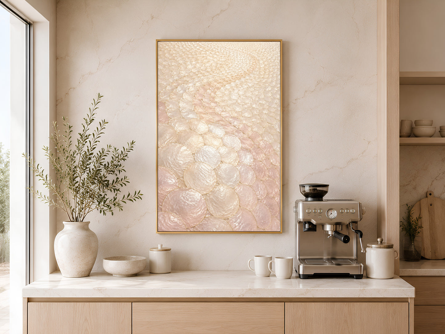 Blush capiz shell wall art above home coffee bar with espresso machine and vase

