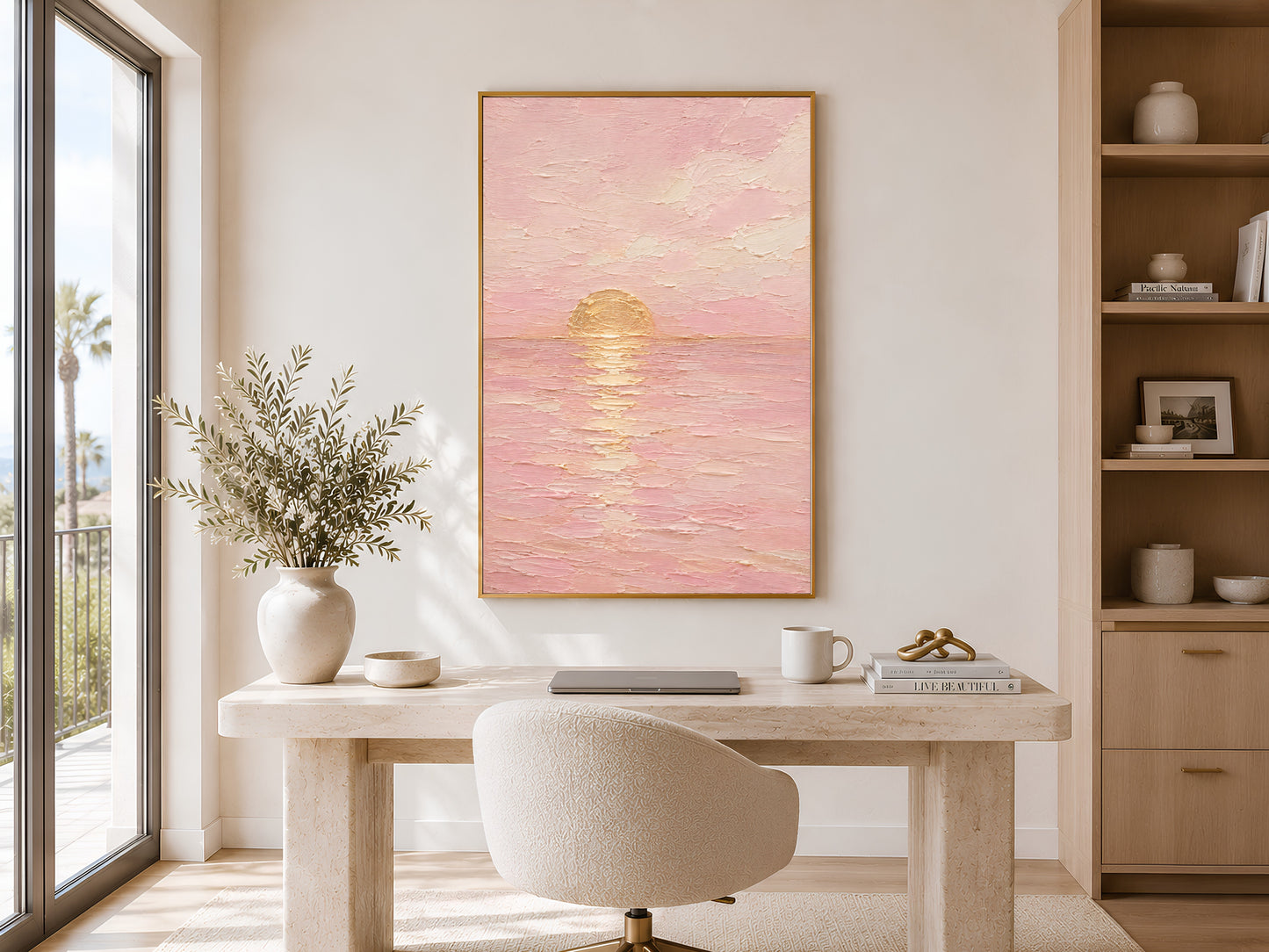 Minimalist ocean sunset print framed near a window in a bright home office with wood furniture.
