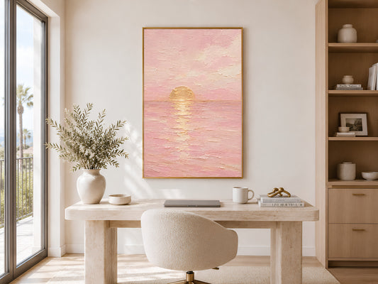 Minimalist ocean sunset print framed near a window in a bright home office with wood furniture.
