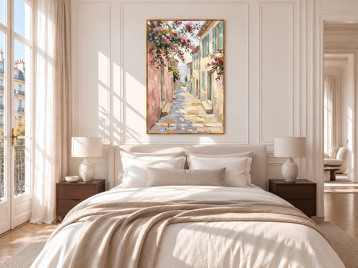 Mediterranean Street Painting Print, Pink Bougainvillea Alley with Sea View, Coastal Village Wall Art, Printable Digital Download
