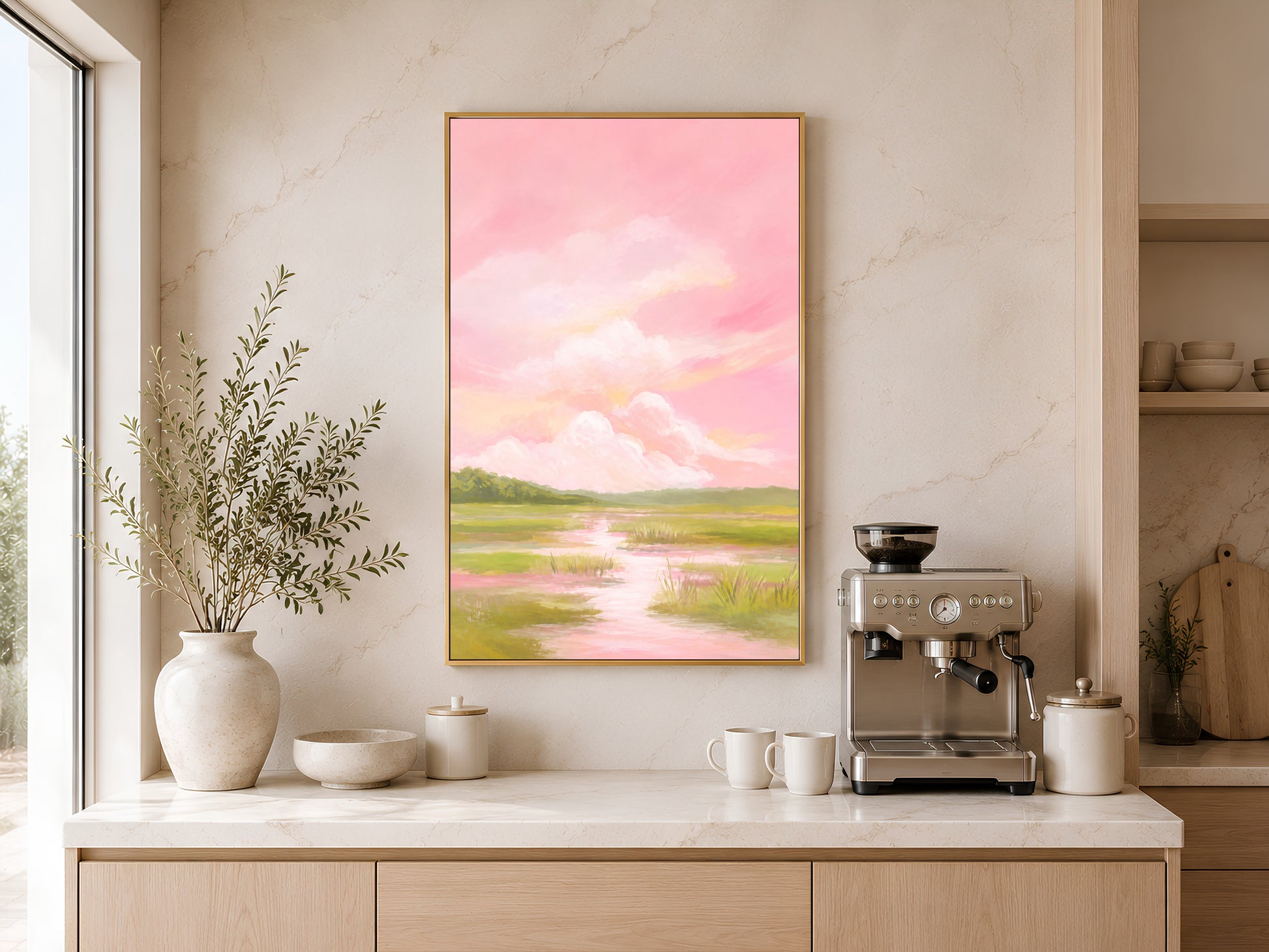 Pink sky marsh landscape print above home coffee bar with espresso machine and vase

