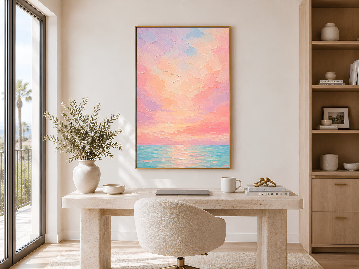 Pastel sunset ocean wall art print framed in a home office with a white desk, chair, and bookshelf beside a large window.
